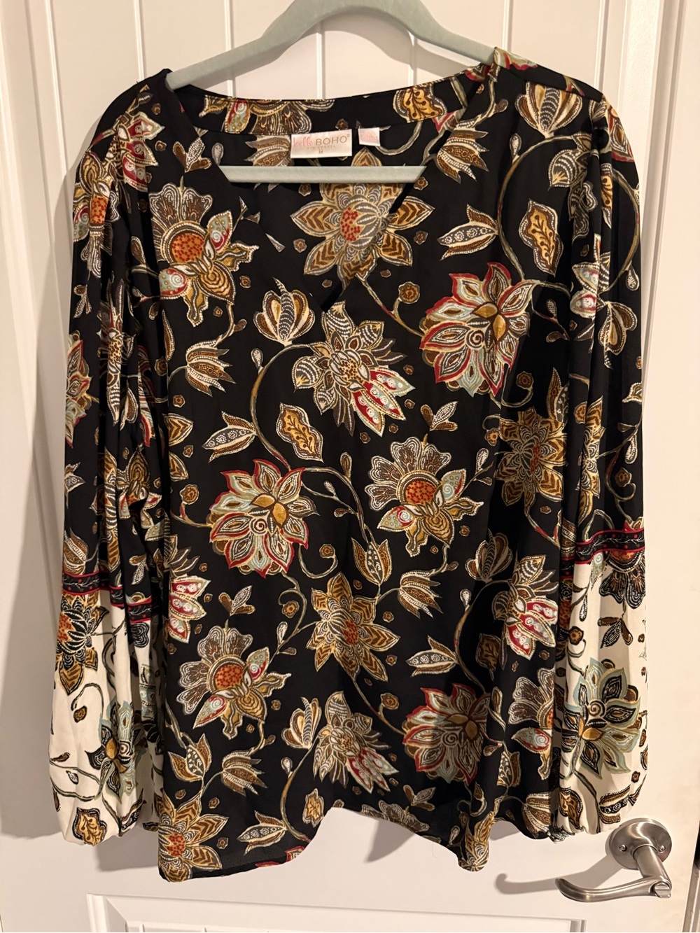Belle Boho by Kim Gravel Black Floral Contrast Sleeve Blouse — 2X